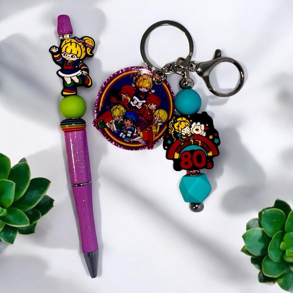 Rainbow Brite Handmade Beaded Ballpoint Pen & Matching Keychain